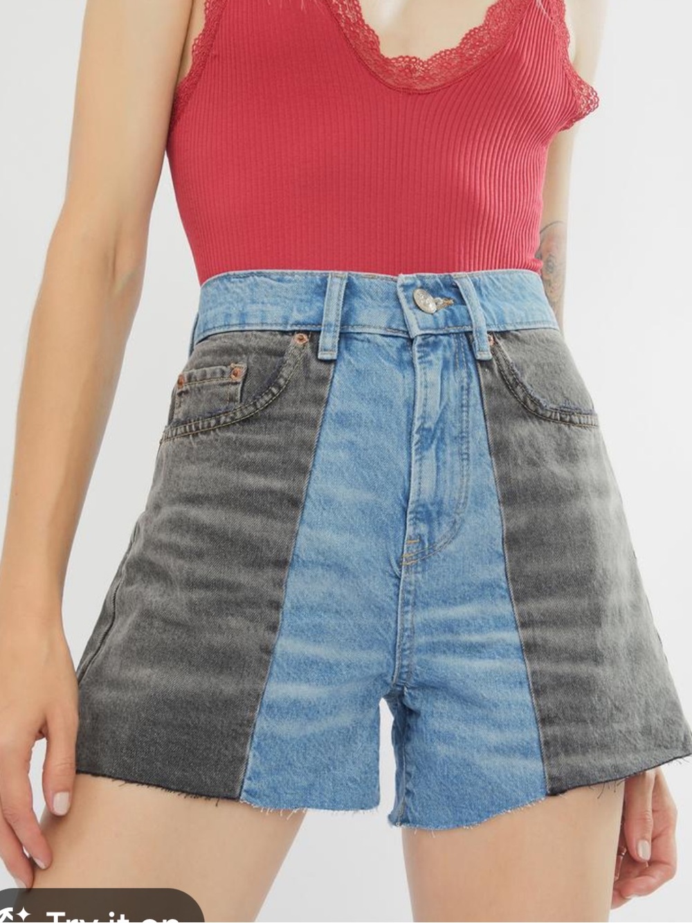 BDG Splice Pax High-Rise Two-Tone Jean Shorts in Light Blue and Gray